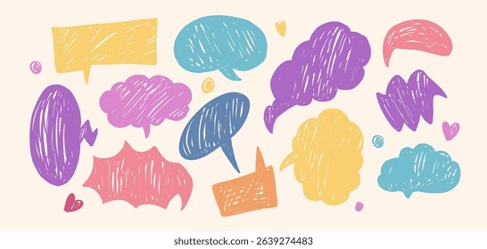 Balloon speech frame decoration set. Simple hand drawn crayon or marker speech bubble, cloud, balloon, burst frame for text. Doodle bubbles for title headline. Vector illustration