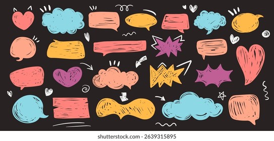 Balloon speech frame decoration set. Simple hand drawn crayon or marker speech bubble, cloud, balloon, burst frame for text. Doodle bubbles for title headline. Vector illustration