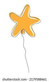 Balloon in star shape for birthday and party. Flying balloon with rope. One line art vector illustration