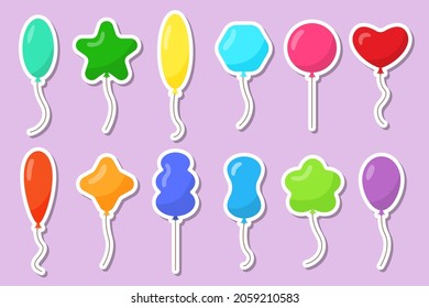 Balloon sticker label. Decor for birthday and party. Flying balls with rope. Colorful balloons isolated on purple background. Cartoon object for celebration, advertising, anniversary, card. Vector