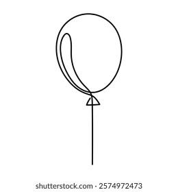 Balloon with string one line art,hand drawn air-filled celebration Birthday or Valentine's party design drawing continuous contour.Festive holiday anniversary helium outline.Isolated.Editable 