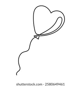 Balloon with string one line art,hand drawn air-filled celebration Birthday or Valentine's party design drawing continuous contour.Festive holiday anniversary helium outline.Isolated.Editable 
