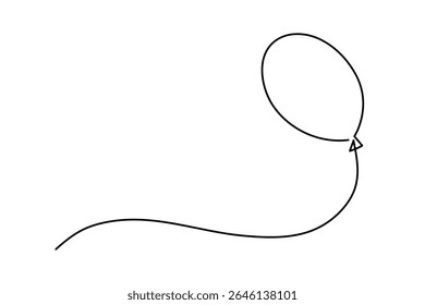 Balloon with string one line art,hand drawn air-filled celebration Birthday or Valentine's party design drawing continuous contour. Festive holiday anniversary helium outline. Isolated. Editable 
