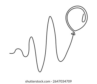 Balloon with string one line art,hand drawn air-filled celebration Birthday or Valentine's party design drawing continuous contour. Festive holiday anniversary helium outline. Isolated. Editable 