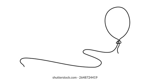 Balloon with string one line art,hand drawn air-filled celebration Birthday or Valentine's party design drawing continuous contour. Festive holiday anniversary helium outline. Isolated. Editable 