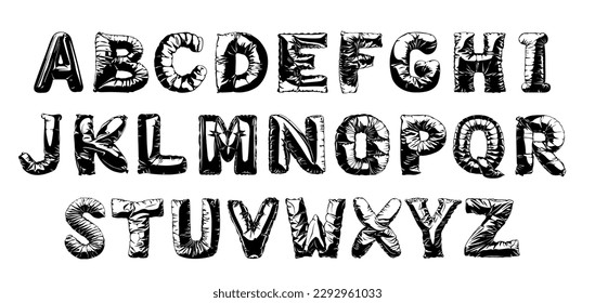 Balloon style font with jacket like texture. Black and white puffy alphabet, English uppercase letters, vector graphic design