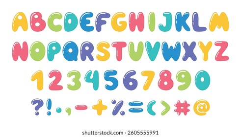 Balloon style letters. Bubble numbers, marks and letter. Isolated decorative font bright colors for cards ad banners posters design, neoteric vector set