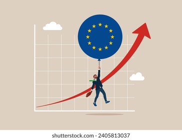 Balloon with the symbol of the European Union floats higher. High global inflation. Floating interest. Inflation high up. 