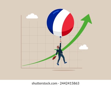 Balloon with the symbol of the France flag floats higher. High global inflation. Floating interest. Inflation high up. Flat vector illustration 