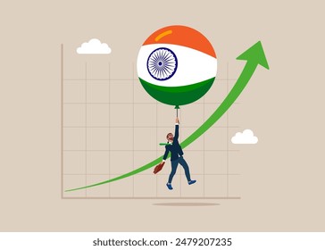 Balloon with the symbol of the Indian flag floats higher. High global inflation. Floating interest. Inflation high up. Flat vector illustration 