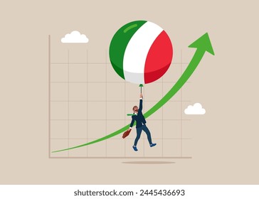 Balloon with the symbol of the Italy flag floats higher. High global inflation. Floating interest. Inflation high up. Flat vector illustration 