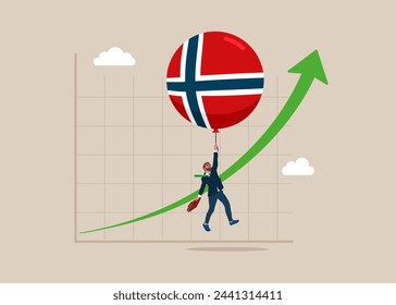 Balloon with the symbol of the Norway flag floats higher. High global inflation. Floating interest. Inflation high up. Flat vector illustration 