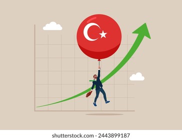 Balloon with the symbol of the Turkey flag floats higher. High global inflation. Floating interest. Inflation high up. Flat vector illustration 