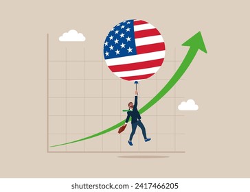 Balloon with the symbol of the United State of America floats higher. High global inflation. Floating interest. Inflation high up. 