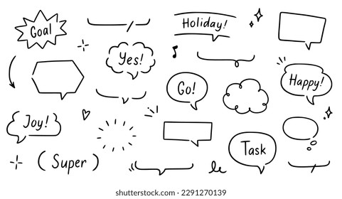 Balloon text frame decoration set. Simple hand drawn pen line speech bubble, cloud, balloon frame for text border. Doodle elegant dialog bubble, title headline. Vector illustration