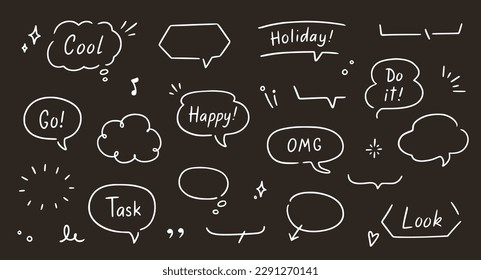 Balloon text frame decoration set chalkboard background. Simple hand drawn pen line speech bubble, cloud, balloon frame for text border. Doodle elegant dialog bubble. Vector illustration