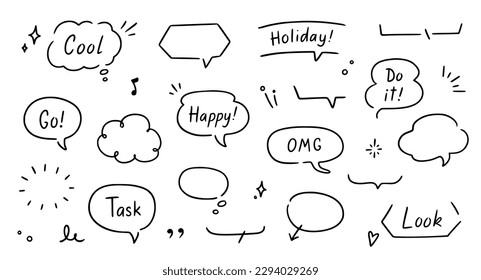 Balloon text frame decoration set. Simple hand drawn pen line speech bubble, cloud, balloon frame for text border. Doodle elegant dialog bubble, title headline. Vector illustration