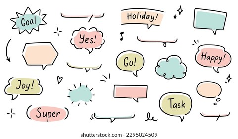 Balloon text frame decoration set. Simple hand drawn pen line speech bubble, cloud, balloon frame for text border. Doodle elegant dialog bubble, title headline. Vector illustration