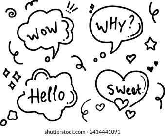 Balloon text frame decoration set. Simple hand drawn pen line speech bubble, cloud, balloon frame for text border. Doodle elegant dialog bubble, title headline.
