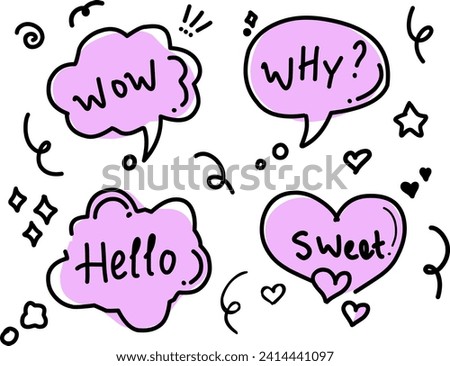 Balloon text frame decoration set. Simple hand drawn pen line speech bubble, cloud, balloon frame for text border. Doodle elegant dialog bubble, title headline.