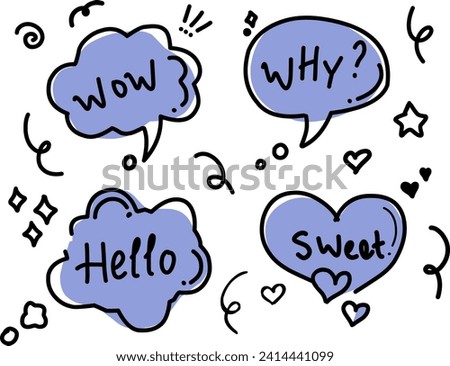 Balloon text frame decoration set. Simple hand drawn pen line speech bubble, cloud, balloon frame for text border. Doodle elegant dialog bubble, title headline.