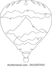 Balloon. Top of the mountain. Mountain landscape. Aerostat.Double exposure. Picture in picture.Continuous one line drawing. Lineart vector illustration.