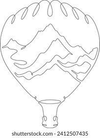 Balloon. Top of the mountain. Mountain landscape. Aerostat.Double exposure. Picture in picture.Continuous one line drawing. Lineart vector illustration.