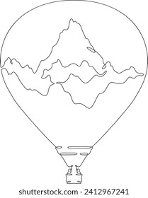 Balloon. Top of the mountain. Mountain landscape. Aerostat.Double exposure. Picture in picture.Continuous one line drawing. Lineart vector illustration.