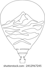 Balloon. Top of the mountain. Mountain landscape. Aerostat.Double exposure. Picture in picture.Continuous one line drawing. Lineart vector illustration.