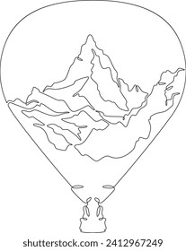 Balloon. Top of the mountain. Mountain landscape. Aerostat.Double exposure. Picture in picture.Continuous one line drawing. Lineart vector illustration.