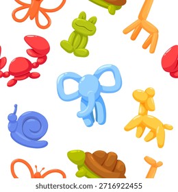 Globo de juguetes sin patrón. Animales de la burbuja, mariposa del perro de la rana de la tortuga del cangrejo del elefante. Impresión colorida de los globos de aire para la tela, materia textil, envoltura, fondo sapid del Vector