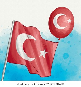 Balloon with Turkish flag and star and crescent pattern. Party balloon and flag. Objects to celebrate.