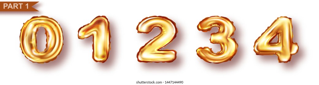 Balloon unique numbers from golden metal foil realistic vector illustration. Gold inflatable symbols or signs for celebrating children birthday or home holiday decor, part 1, isolated on white