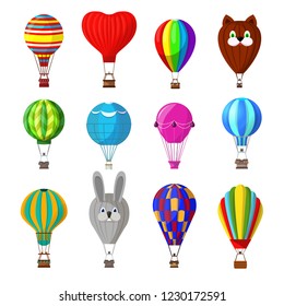 Balloon vector cartoon air-balloon or aerostat with basket flying in sky and ballooning adventure flight illustration set of ballooned traveling flying toy isolated on white background