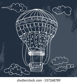 Balloon. Vector illustration. Handmade. black and white. Grunge. Vintage. Patterns. On dark background.Clouds