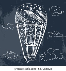 Balloon. Vector illustration. Handmade. black and white. Grunge. Vintage. Patterns. On dark background.Clouds