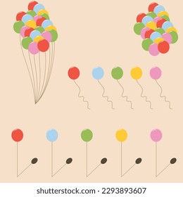 Balloon vectors in cartoon style. Bunch of balloons for birthday and party. Flying ballon with rope. Flat icon for celebrate and carnival.