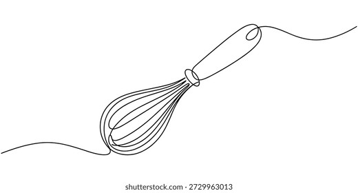 Batidor de globo continua una línea ilustración de dibujo. Batir línea continua de arte, batidor de cocina una línea de dibujo continuo. Una línea de batidor de globo de herramienta de cocina. Trazo editable