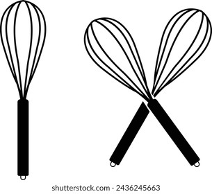 Balloon whisk set for mixing and whisking flat vector icon, Black vector whisk icon, Minimalist whisk for mixing and whisking solid vector design. Kitchen concept symbol. Egg whisk clipart.