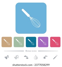 Balloon whisk white flat icons on color rounded square backgrounds. 6 bonus icons included