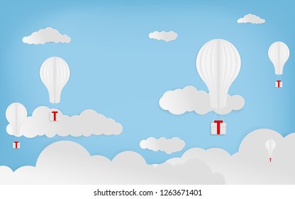 Balloon white floating and Gift Box on in the air blue sky and clouds background. vector paper art and craft style illustration.