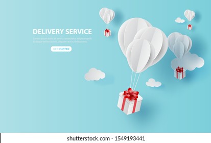 Balloon white floating on sky.Delivery service with Gift Box on air blue background.happy new years and merry Christmas.Festival transportation concept.Creative paper cut and craft style vector EPS10