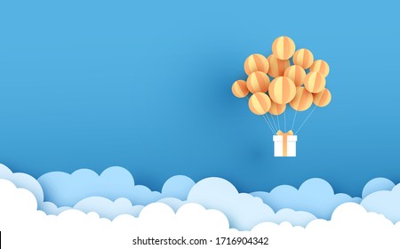 Balloon white floating on sky.Delivery service with Gift Box on air blue background.happy new years and merry Christmas.Festival transportation concept.Creative paper cut and craft style vector EPS10