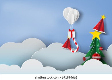Balloon white and Gift Box fly in the air blue sky background.Merry Christmas and Happy new year Festival day.Creative paper art and cut style.Holiday season landscape for card .vector illustration