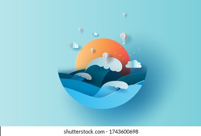 Balloon white hot air of Sea wave view landscape sunlight. travel in holiday summer season circle concept. Graphic design paper cut and craft style. Simple Vacation summertime idea pastel background