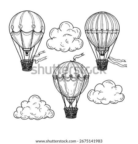 Balloon with a wicker basket, black and white ink sketch. Vector illustration. Balloon with ribbons, set, isolated on a white background. For postcards, children's books, and textile printing