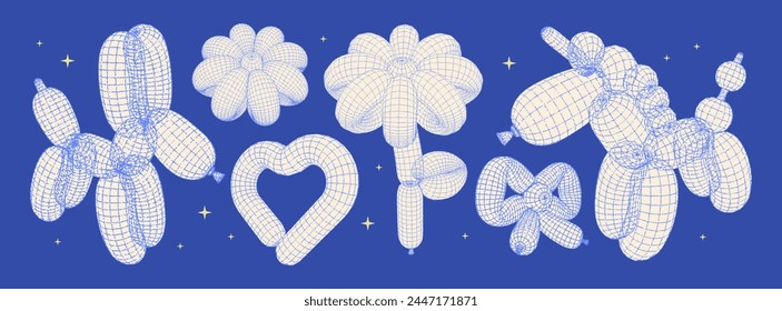 Balloon wireframe 3D animals collection in trendy futuristic style with a grainy stippling effect. Brutal bubble forms unicorn dog heart bow flower. Vector dots illustration. Graffiti tattoo Y2K