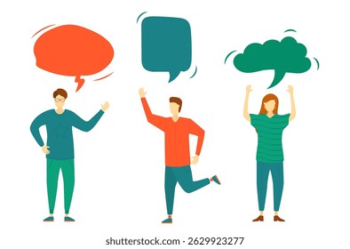 Balloon words cloud with male and female cartoon character chatting together empty speech bubble concept family dialog paper comic communication relationship and friendship moment

