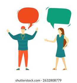 Balloon words cloud with male and female cartoon character chatting together empty speech bubble concept family dialog paper comic communication relationship and friendship moment

