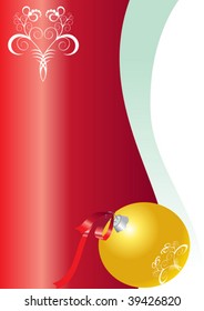Balloon  yellow glass for the Christmas tree lying on a  silk red ribbons